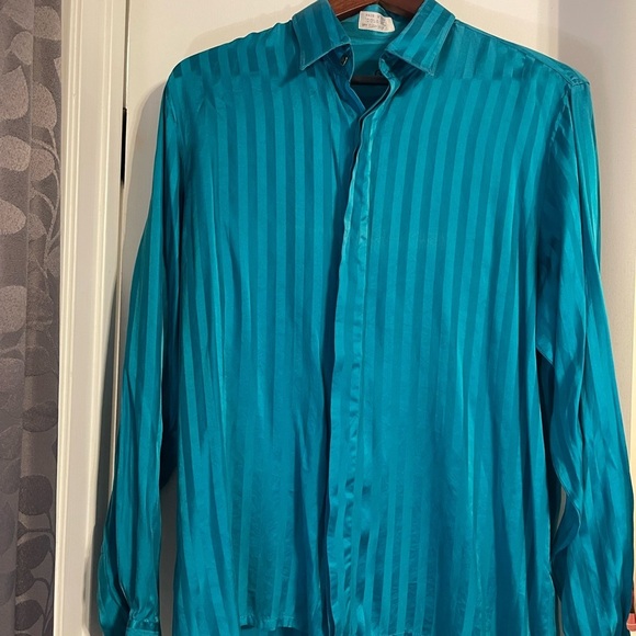 Genelli Other - Vintage Genelli 100% Silk Button Up Shirt Mens L Tone On Tone Striped Teal